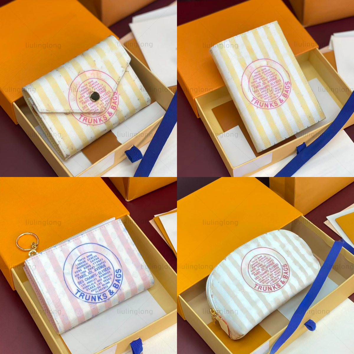 stamp zippy key pouch pink stripe printed coated canvas zip coin purse key ring mini card wallet designer women small purse