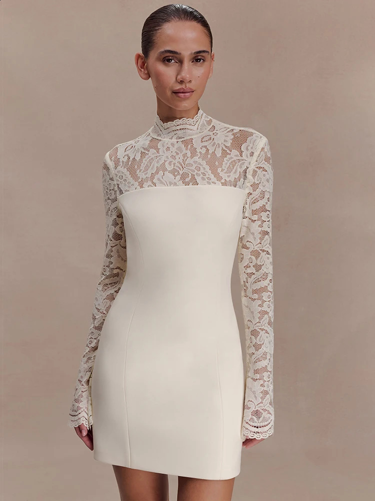 Mozision Women Elegant Lace Patchwork Sexy Mini Dress Fashion High Neck Long Flare Sleeve Backless Bodycon Club Party Dresses 260625