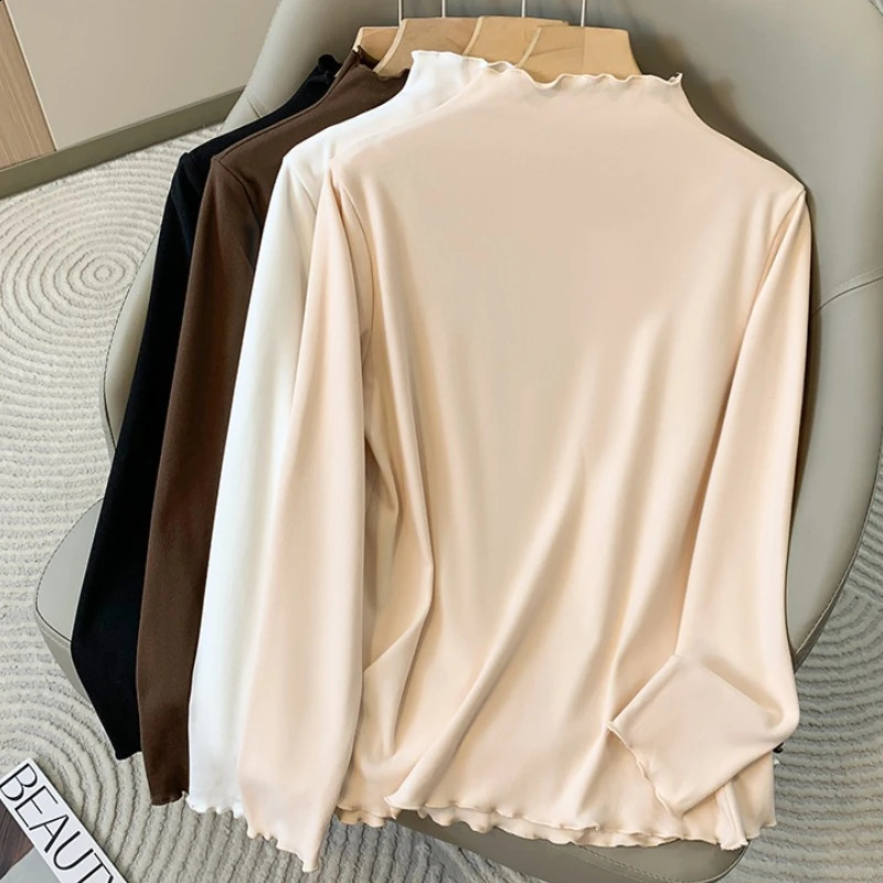 2026 Plus Size Womens Long Sleeve Turtleneck Velvet Base T-shirt Inner Wear Autumn Winter Fleece Lined Fashion Big Size Tops 260626
