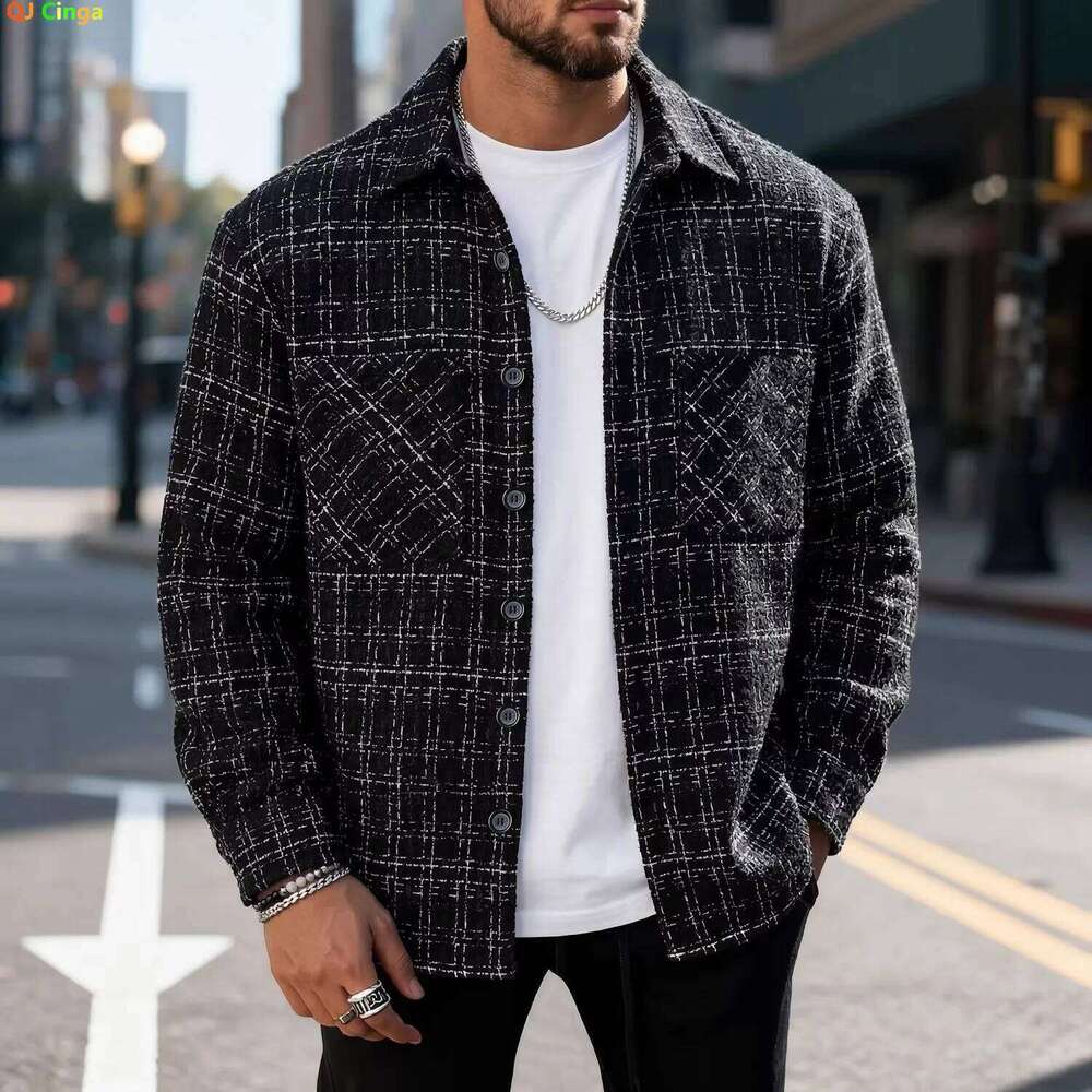 Men's Black Striped Long-sleeve Jacket for Spring and Fall; White Checkered Single-breasted Lapel Coat; Unisex Loose-fit Top. W260626