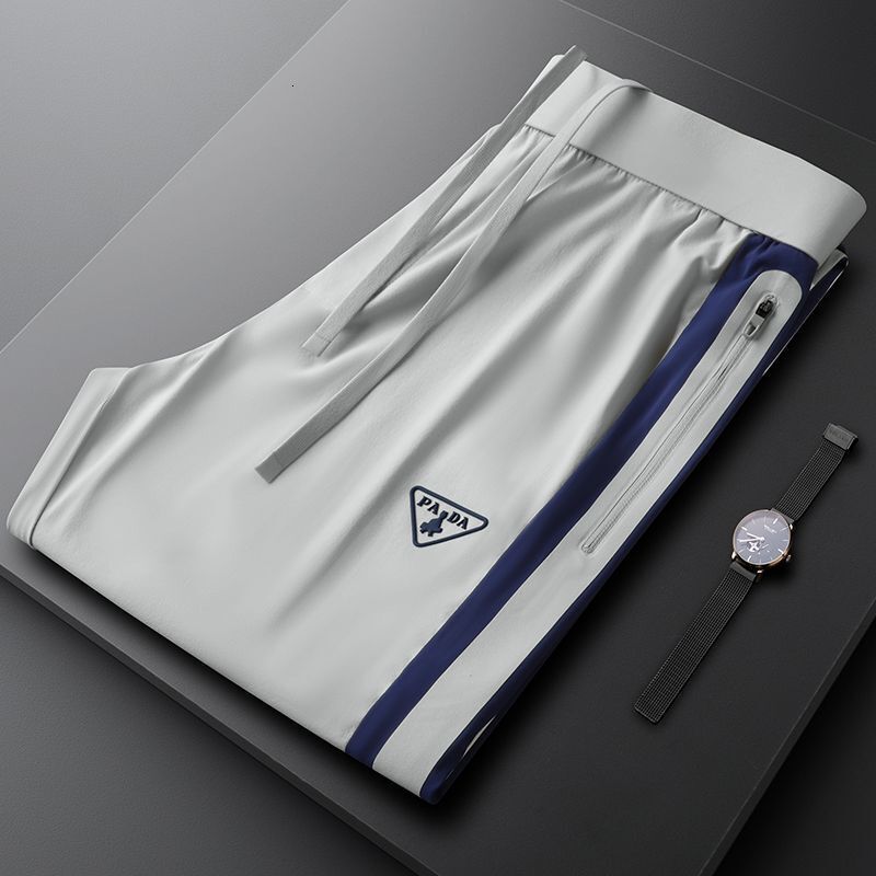 Slim Fit Straight Leg Pants Smooth Ice Silk Quick Dry Material Contrast Side Strip Zip Pocket Elastic Waist Light Luxury Minimal Summer Athletic Dai