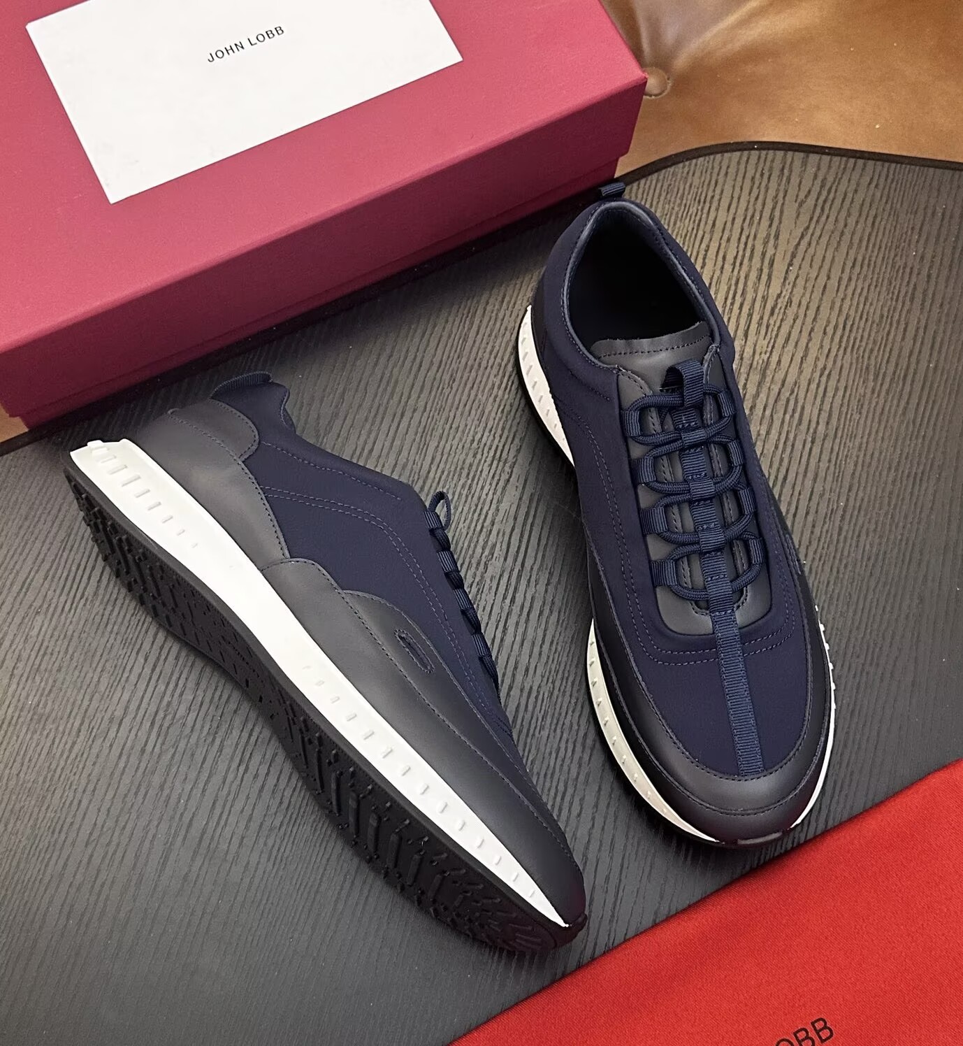 Top Luxury John Lobb Men's Stream Laced Low Top Trainers Lightweight Sole Nylon Calf Leather Textile Lace-up Sneakers Man's Casual Walking