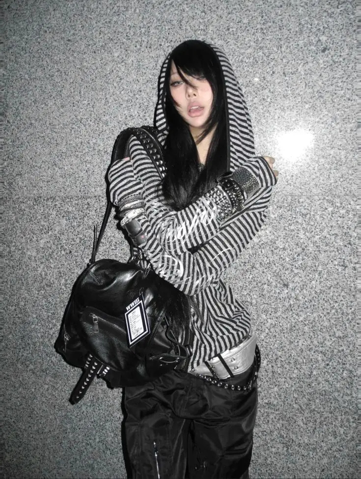 Y2k American retro Harajuku Millennium striped n hooded sweatshirt jacket High Street print Gothic punk style emo 260624