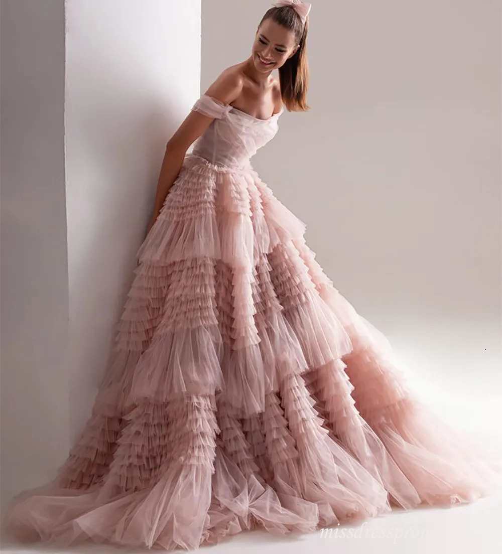 Light Pink Long Prom Sweetheart Crumpled Tulle Ruffles Evening Dresses Off Shoulder Tiered A Line Formal Party Dress Sweety Special Occasion Wear