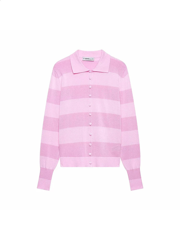 Women Fashion Striped Knitted Cardigan Elegant Women Single Breasted Long Sleeve Polo Collar Sweater Fashion Chic Knitted Tops 260624