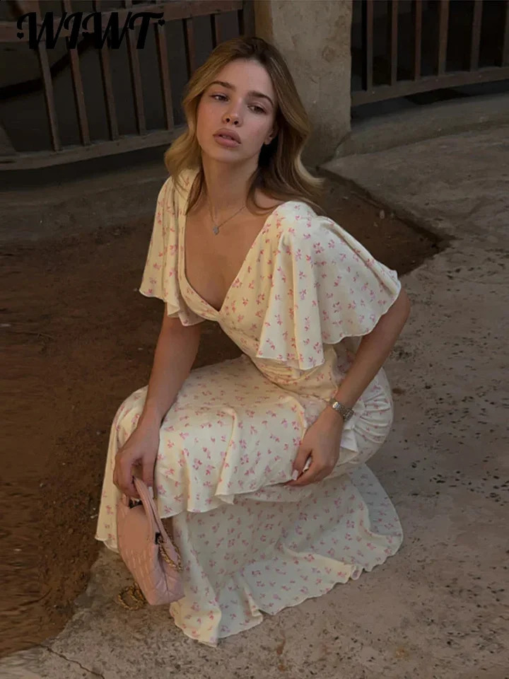Floral Print Summer Lady Sexy V-neck Ruffles Short Flare Sleeve Split Midi Dresses Womens Slim High Waisted Party Vestidos 260625