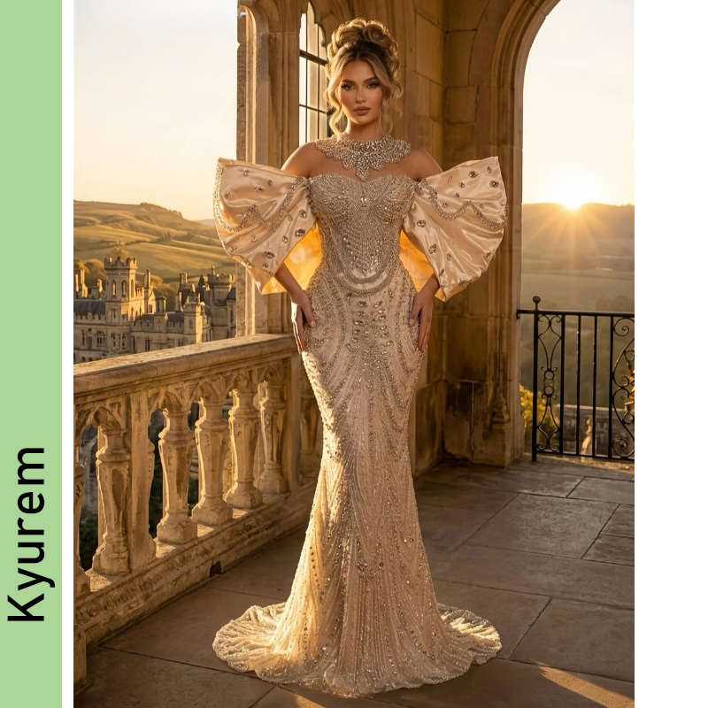 Champagne Shiny Evening Dresses Crystals Luxury Off Shoulder Mermaid Party Gowns Vestidos De Gala Night Gowns Masquerade