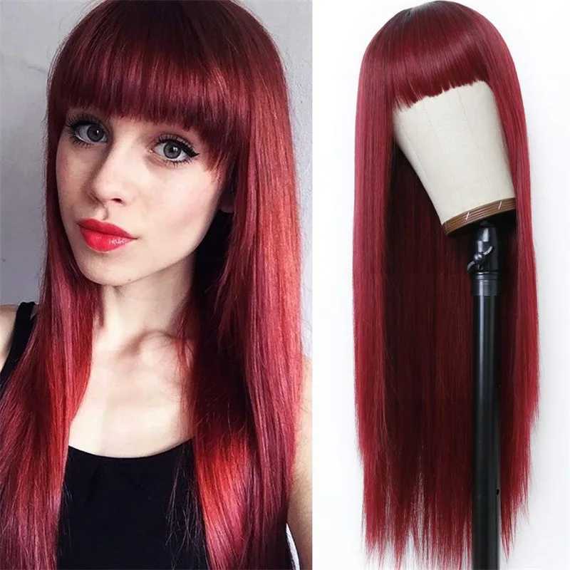 Weinrote synthetische Perücke mit glattem langem Haar, Halloween-Party-Cosplay-Perücke, tägliches Hochtemperatur-Haar-Accessoire-Perücken-Set C26062