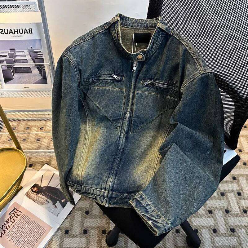 Retro Washed Short Men's Denim American High Street Deconstructed Design Shoulder Pad Vintage Style Fashion Jacket W260626