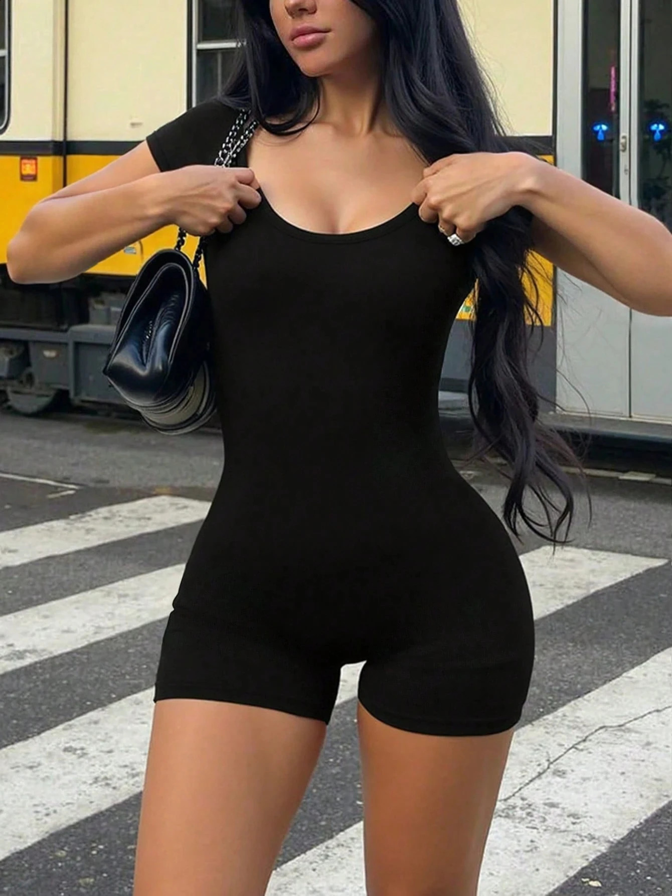 WomenS Spring And Summer Solid Color Sexy Fitted Outdoor Commuting Round Neck Short Sleeve Jumpsuit 260625