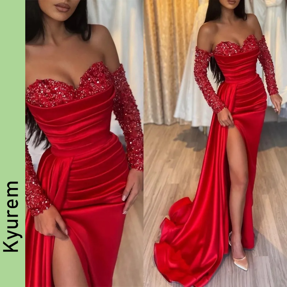 Women Evening Dresses Long Sleeves Off Shoulder Satin Ruched Sequin Formal Prom Gowns Robe De Soiree Vestidos De Feast