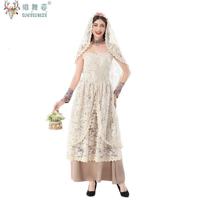 Halloween Women's Ghost Bride Cosplay Costume Evil Witch Vampire Lace Strapless Maxi Dress Horror Theme Party Fancy Sexy