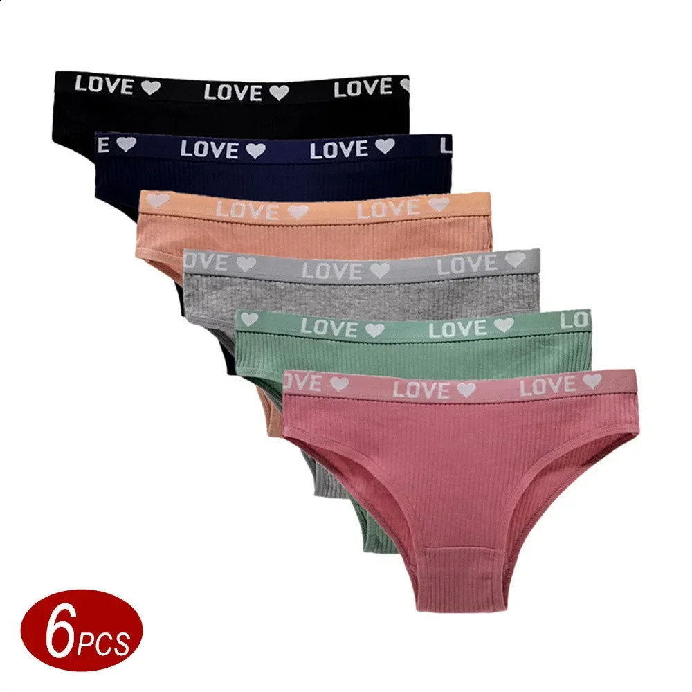 6Pcs LOVE Women Ribbed Cotton Underwear Panties Set Comfortable Highquality Female Lowwaist Briefs 260624