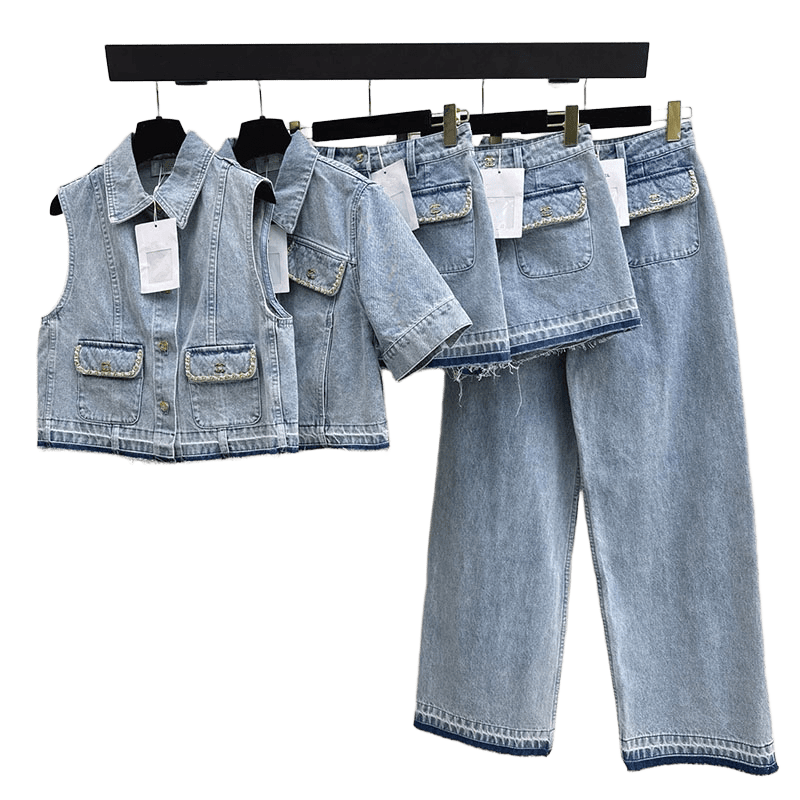 26SS Designer Summer New Fashionable Versatile Retro Leisure High Quality Jacquard Brand Letter Denim Medium length Jacket, Short Skirt, Pants Women