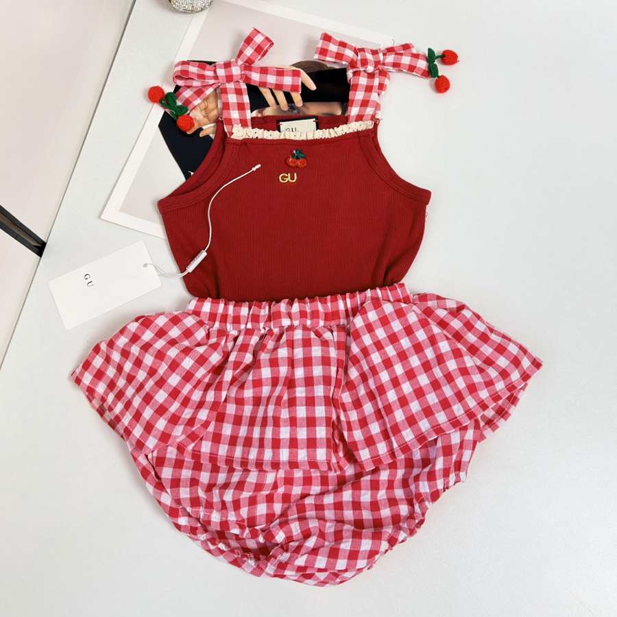 Designer Infant Clothes Girl Toddler Summer Outfit Little Kids Newborn Baby Vest Red Plaid Bloomer Shorts 2Pcs Clothing Set