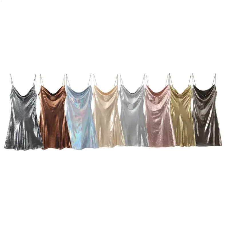 2026 Womens Summer Shiny Gold Silver Slip Dress Slim Fit Thin Strap Mini Perfect for Party Club and Night Out 260625