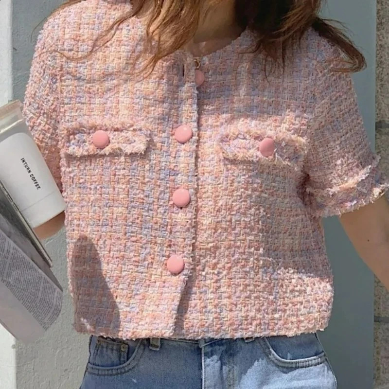 2026 Summer Korean Casual Tweed Jackets Women Short Sleeve Elegant Coats Office Lady Outwear Crop Top Femme 260618