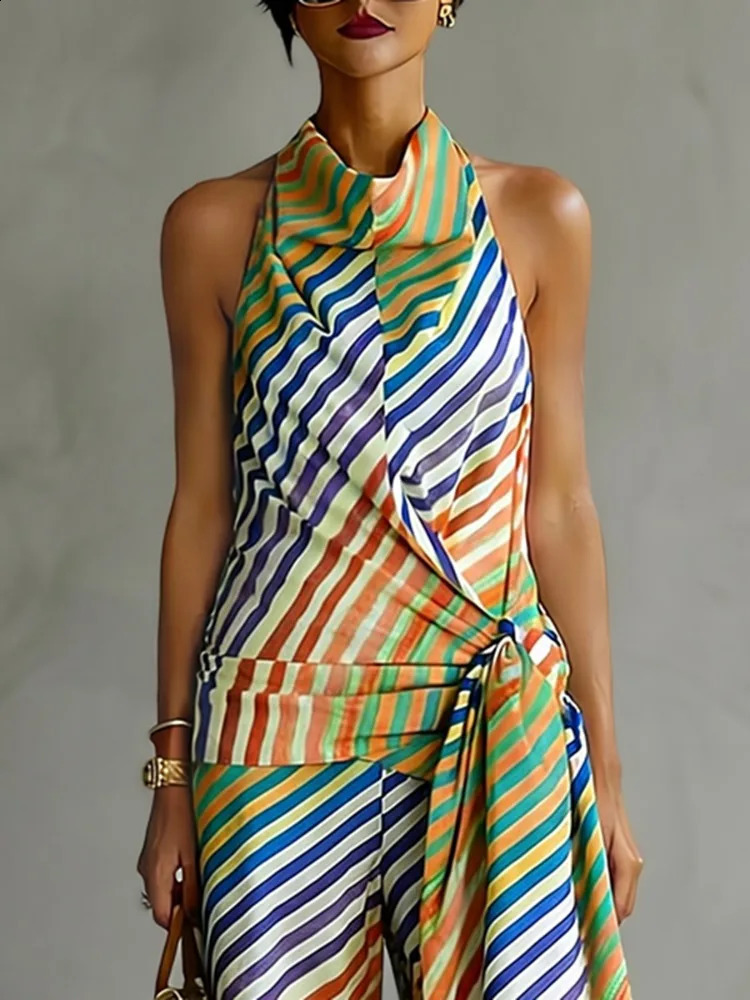 Yeezzi Womens Contrast Color Striped Tied Halter-Neck Vest Tops Fashion Loose Sleeveless Backless Summer Cool T-shirts 260625