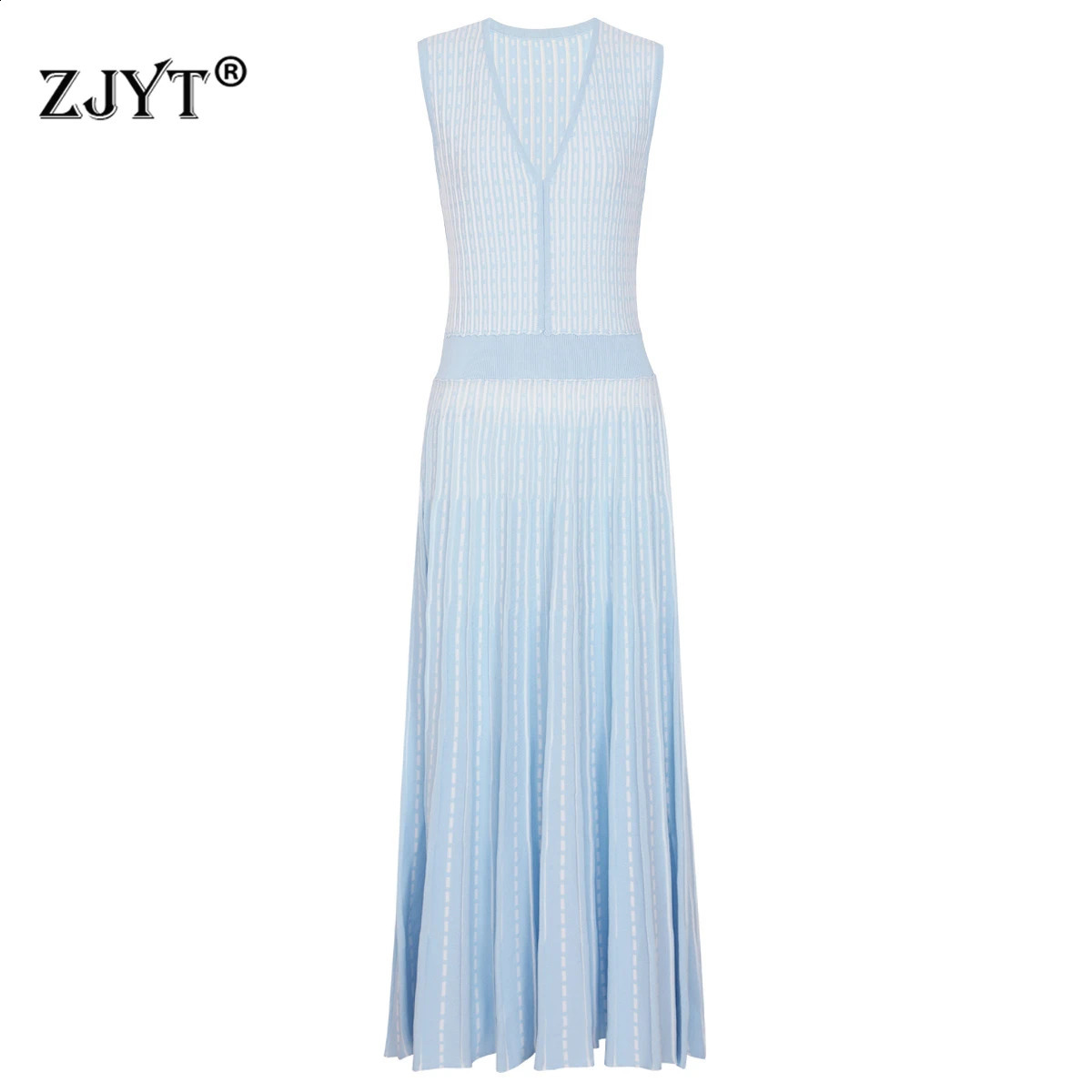 ZJYT Summer Womens Casual Dress Ropa Mujer 2026 Sleeveless Striped Patterns Knitted Midi Sweater Dresses Tank Holiday Vestidos 260625