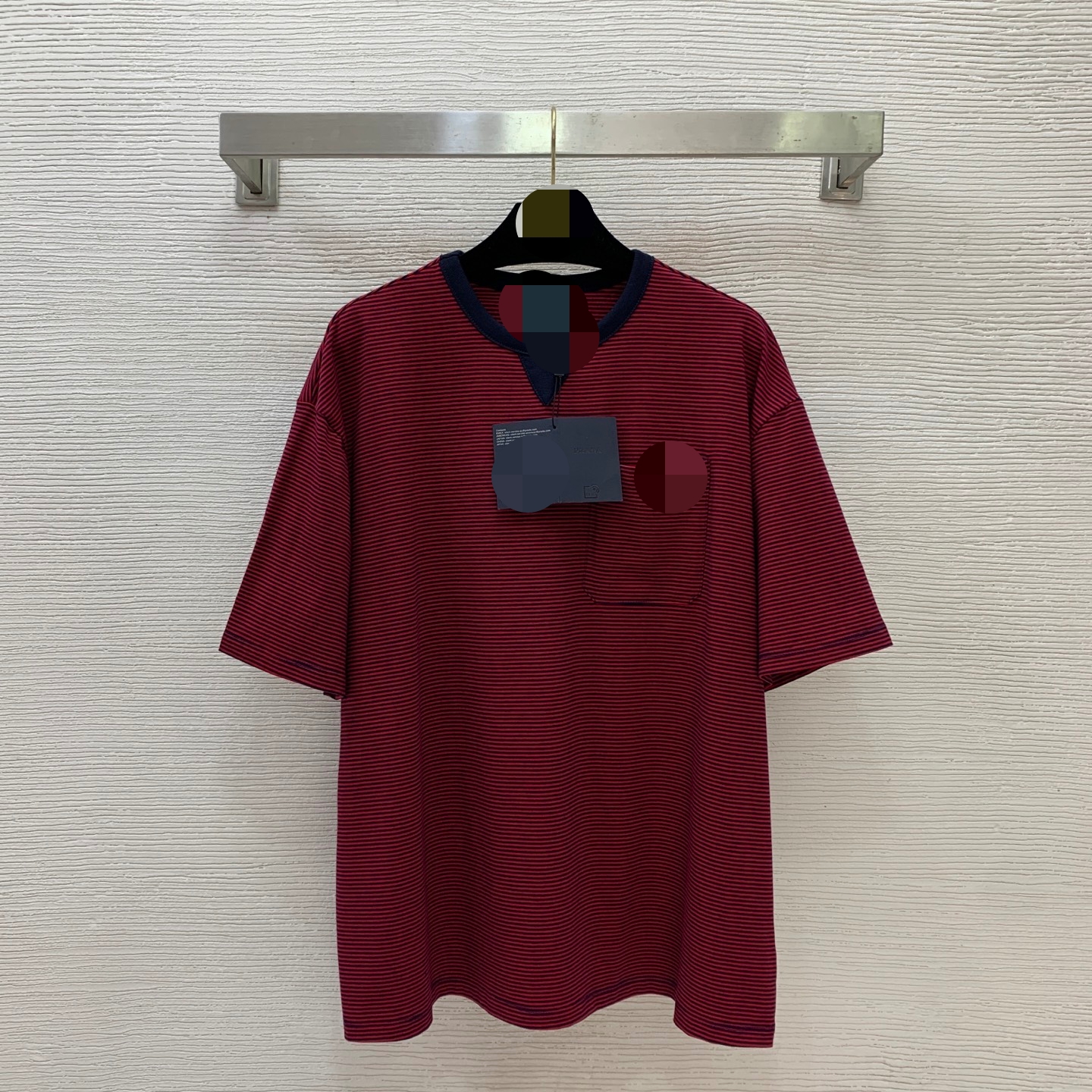 D26032487 2026 New Style Navy Blue Striped Collar Edge Pockets Loose-Fitting Fashionable Fine Stripes Short-Sleeved T-Shirt