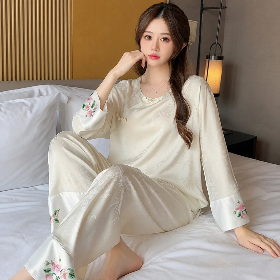 Womens Chinese Style Ice Silk Pajama Set Spring Autumn Satin Loungewear with Builtin Chest Pads Elegant Home Sleepwear 260625