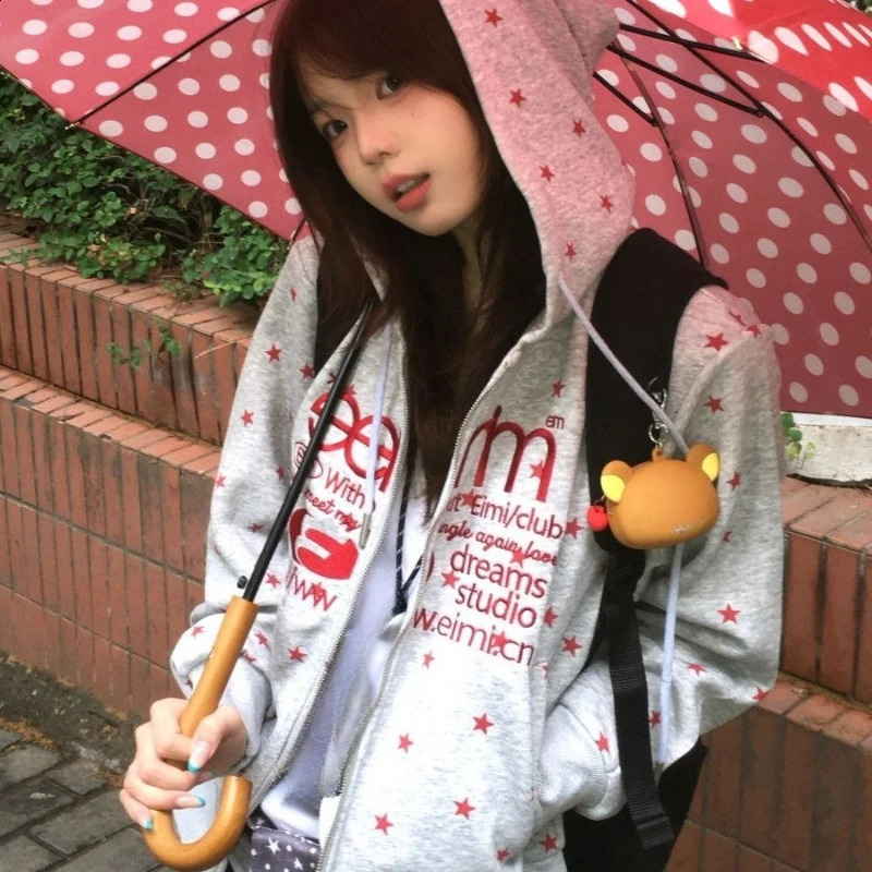Y2k American Vintage Harajuku Hoodie Long Sleeve Letter Print Casual Zipper Women Sweatshirt Fashion Street Style Autumn 260624