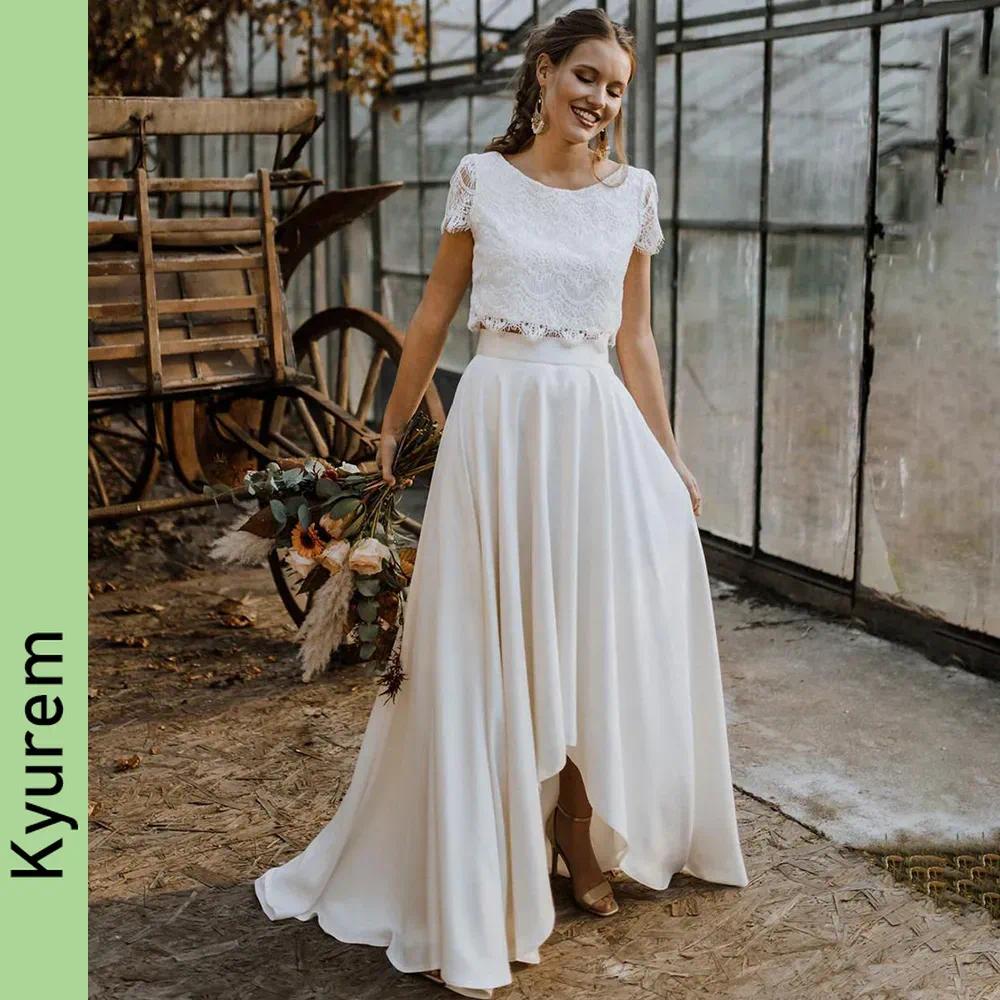 2 Piece Lace Boho Wedding Dress 2026 Bohemian Princess Scoop Buttons Cap Sleeves High Low Beach Chiffon Bridal Gown Vestidos De Novia