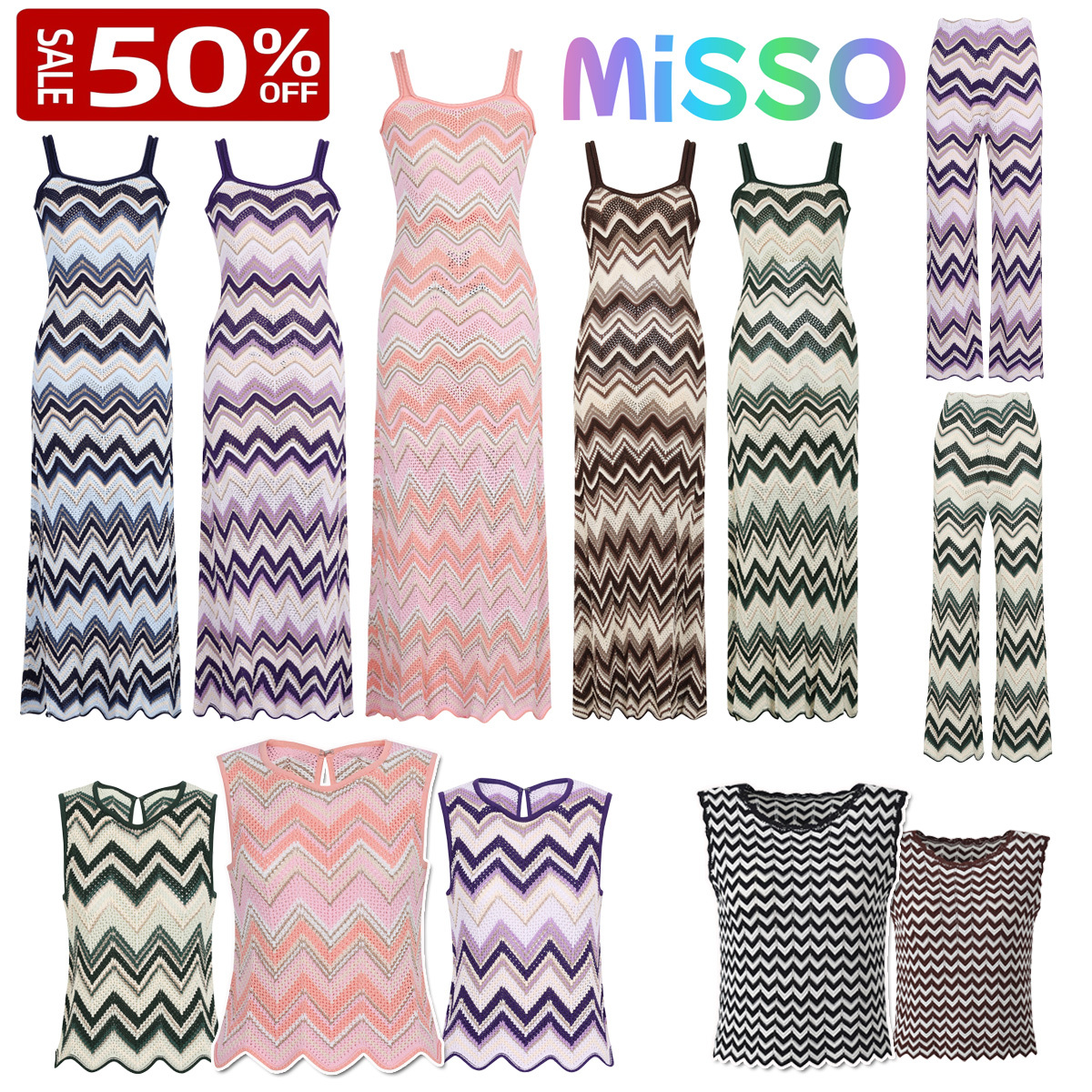 Misson dress Luxury Designer Hollow Chevron Knit Maxi Matching Top Women Elegant Sling Bodycon Long Dress For Beach Resort Daily Office Lady
