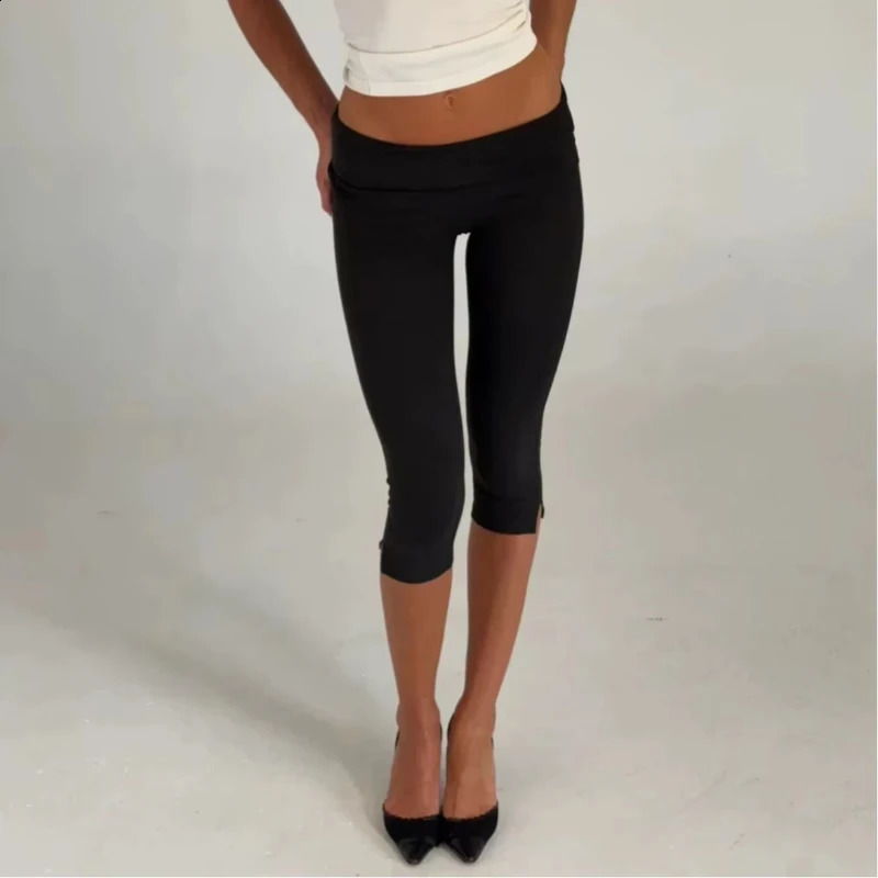 Individuality Low Rise Split Hem Length Skinny Pants Women Solid Fold Over Leggings Casual Summer Streetwear Yoga Pants 260625