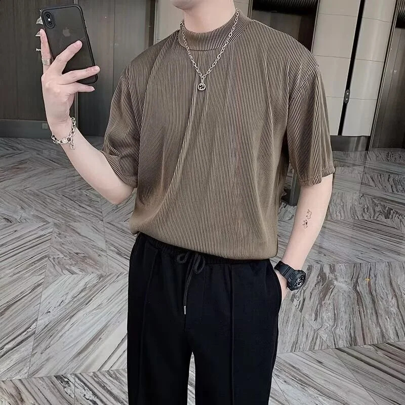 Summer Ice Silk Pleat short Sleeve T-shirt For Men Casual Solid Color Crewneck Tee Tops Y2K Streetwear Loose Basic T Shirts 260625