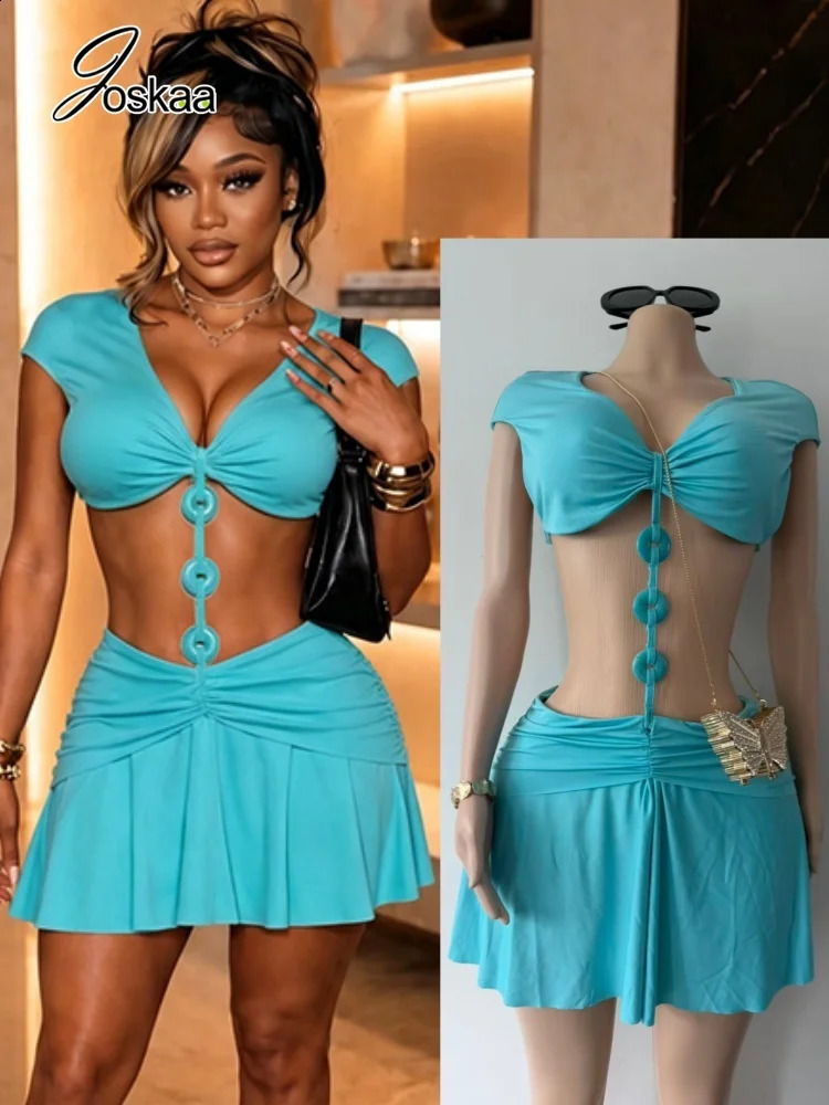 Joskaa Buckle Patchwork Blue Dress Woman Sexy V-Neck Sleeveless Hollow n Bodycon Mini Dresses Beachwear Party Clubwear 260625