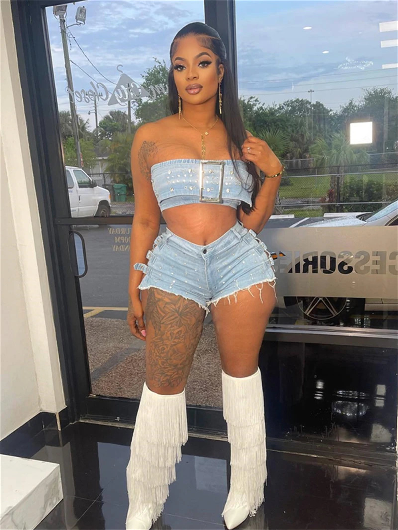 Sexy Denim 2 Piece Sets Women Outfit Summer Clothes Women Sleeveless Strapless Vest Top and Shorts Sets INS Jean Woman Sets 260625