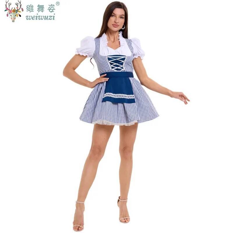 Festa della Birra Halloween Adulti Donna Manica corta Colletto quadrato Plaid Fantasia Costumi per spettacoli teatrali Vestito Dirndl Cosplay