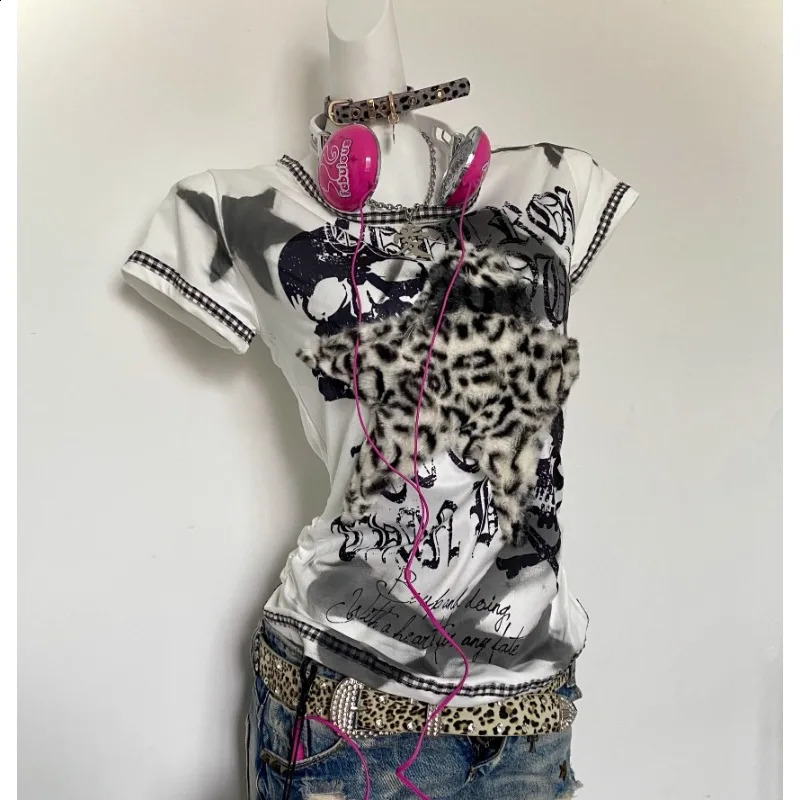 White T Shirts Women Summer Stars Leopard Print Patchwork Short Sleeve Top Y2k 2000s Sweet Cool Punk Subculture Tees 260625