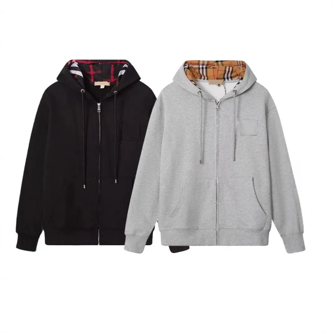Men Sudadera con capucha clásica con forro a cuadros y cremallera, capucha interior a cuadros de marca de lujo, sudadera informal de gran tamaño con