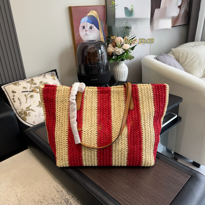 Color Block Striped Raffia Woven Tote Bag Large Capacity Women Summer Beach Shoulder Bag Leather Handle Vacation Travel Handbag 33*29cm