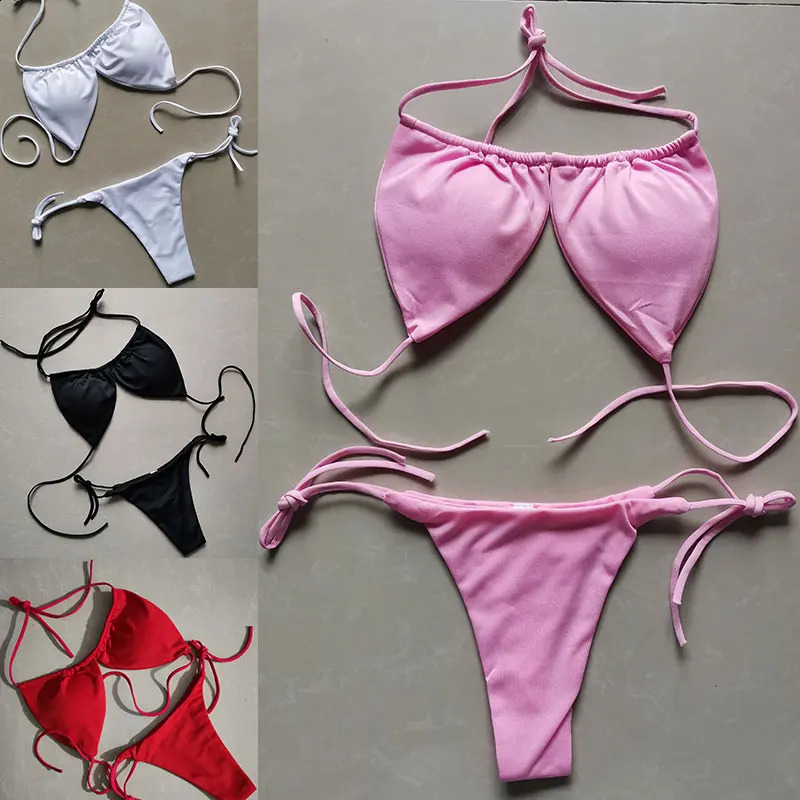 Summer Sexy Bikini set Pushup padded Bra Thong Split Swimwear Female Bandage Bathing Suit Adjustable Lacing Swimsuit Solid 260625
