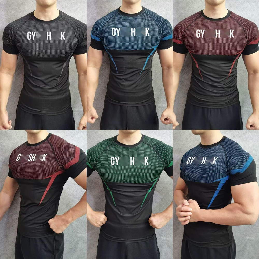 GYM Men's sports T-shirts summer new men's tight-fitting T-shirt joggers GYM sports fitness running training wear quick-dry short sleeve t