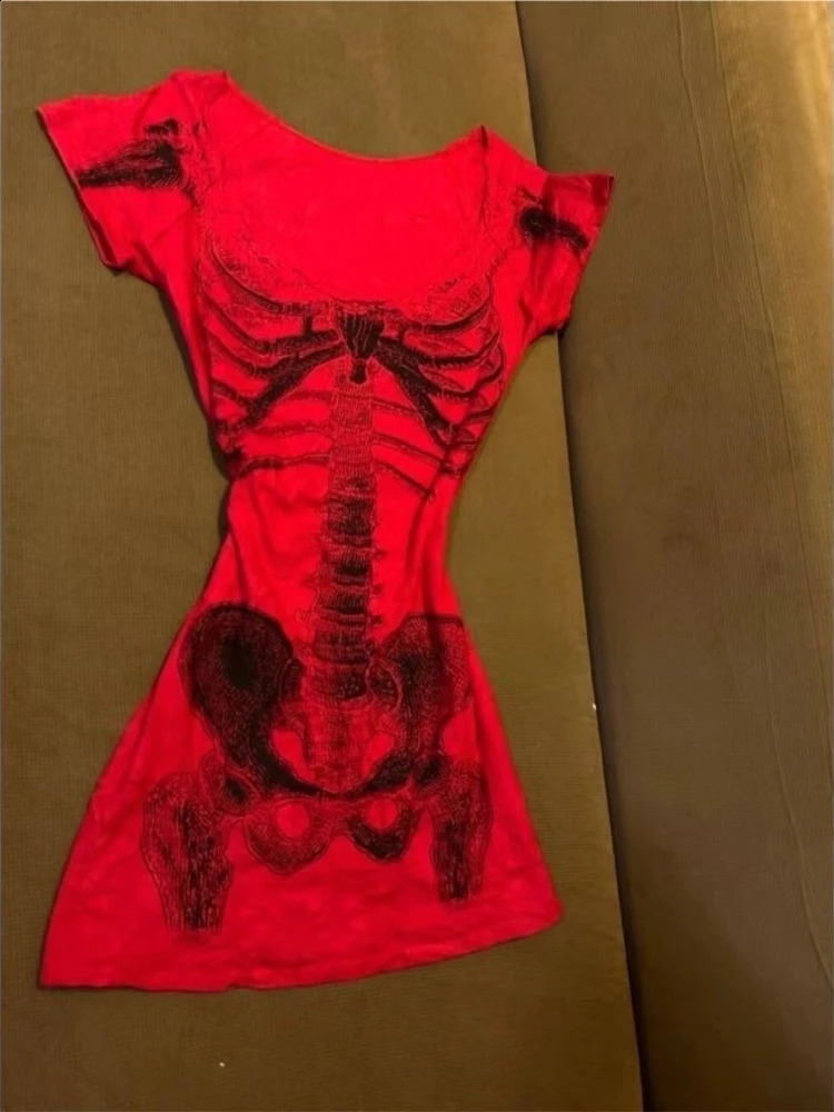 American Vintage Skeleton Aesthetic Short Sleeved Tees Women Y2k Harajuku Rock tie T-shirt Gorhic Retro Sexy Slim Chic Tops 260625