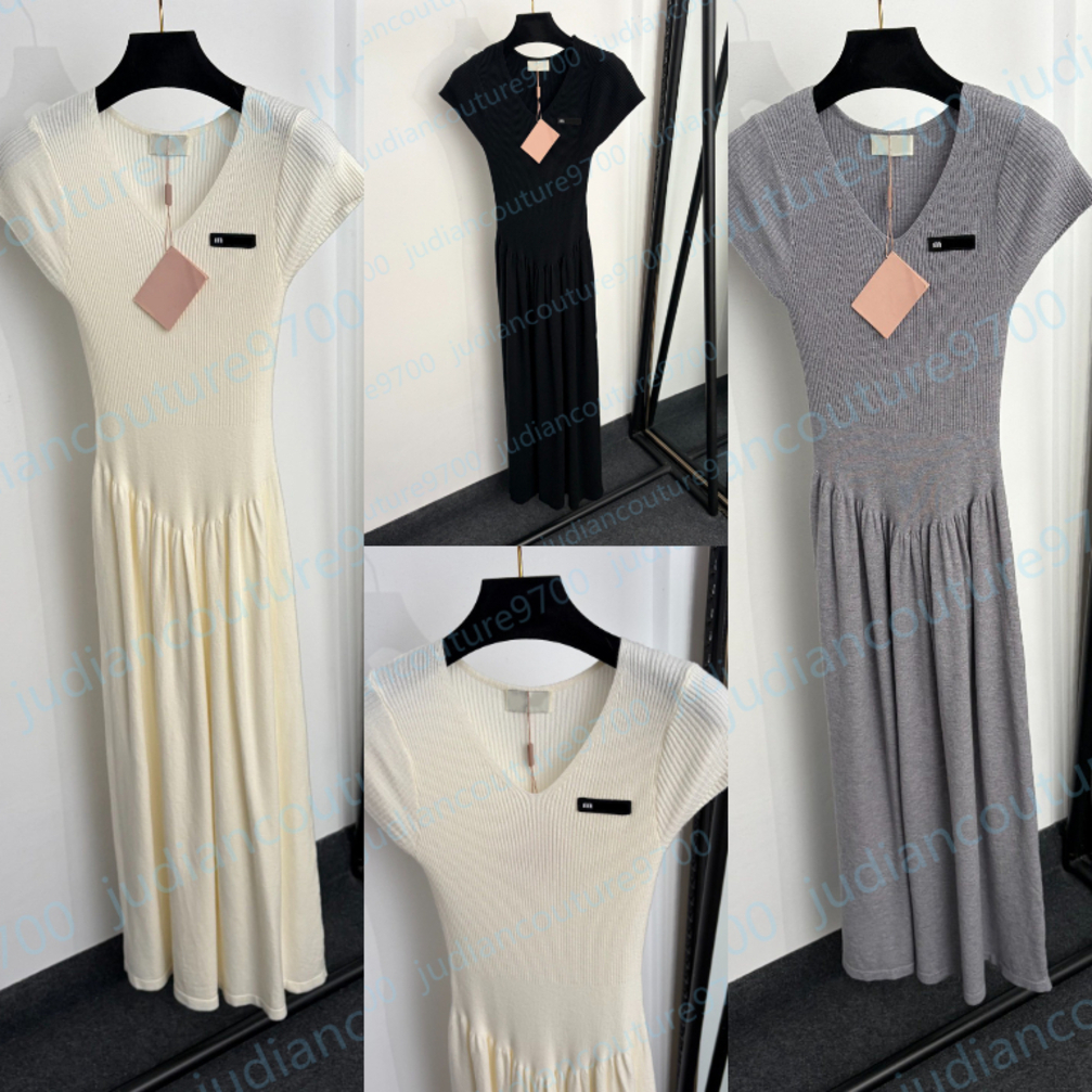 designer dresses for women V Neck Short Sleeve Ribbed Knit Dress Slim Fit Stretchy High Waist Brand Embroidered miuslogo Elegant Summer Vacation dre