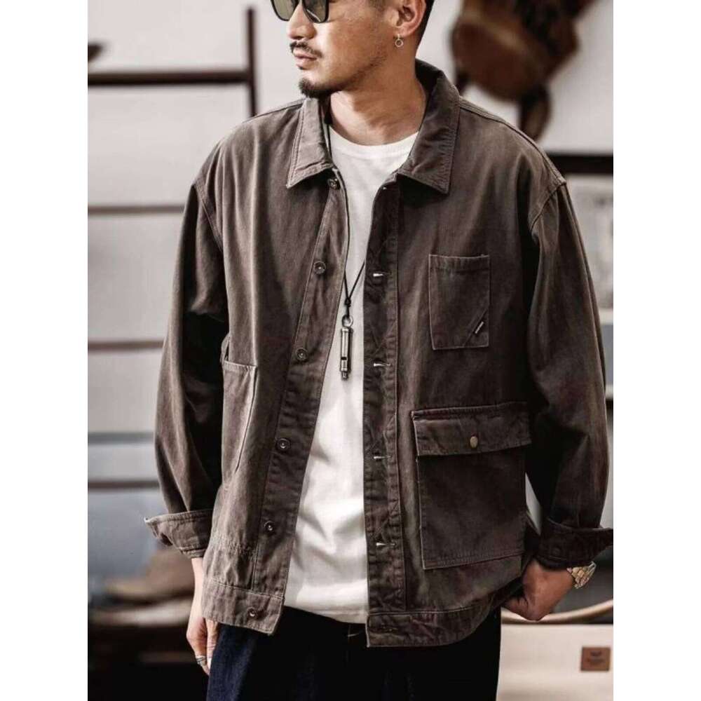 Retro American Heavyweight Denim Men's Spring Autumn Loose Trendy New Style Handsome Workwear Utility Pocket Jacket W260626