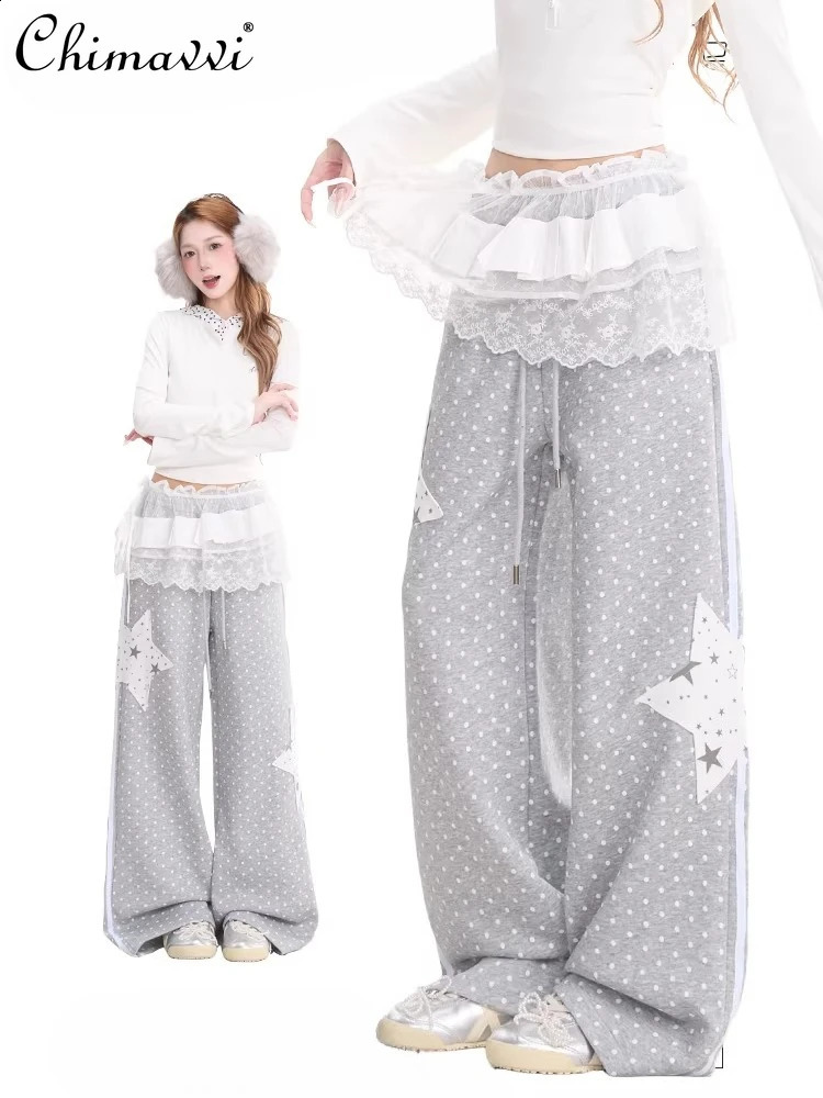 Japanese Fashion Cute Polka Dot Allover Printed Star Patch Sweatpants Women Summer Retro Straightleg Draped Casual Pants 260625