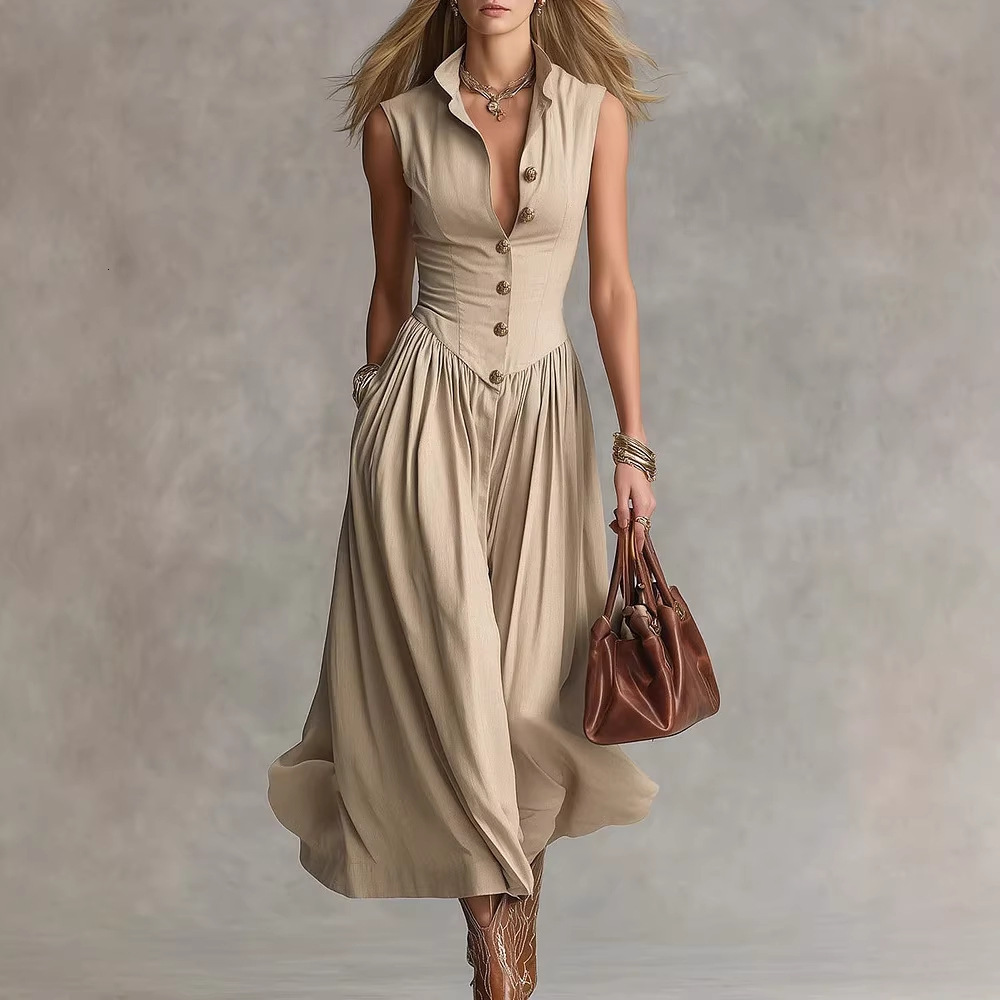 Spring and summer new French-style elegant goddess look slim-fit long sleeveless dress with a turn-down collar for women