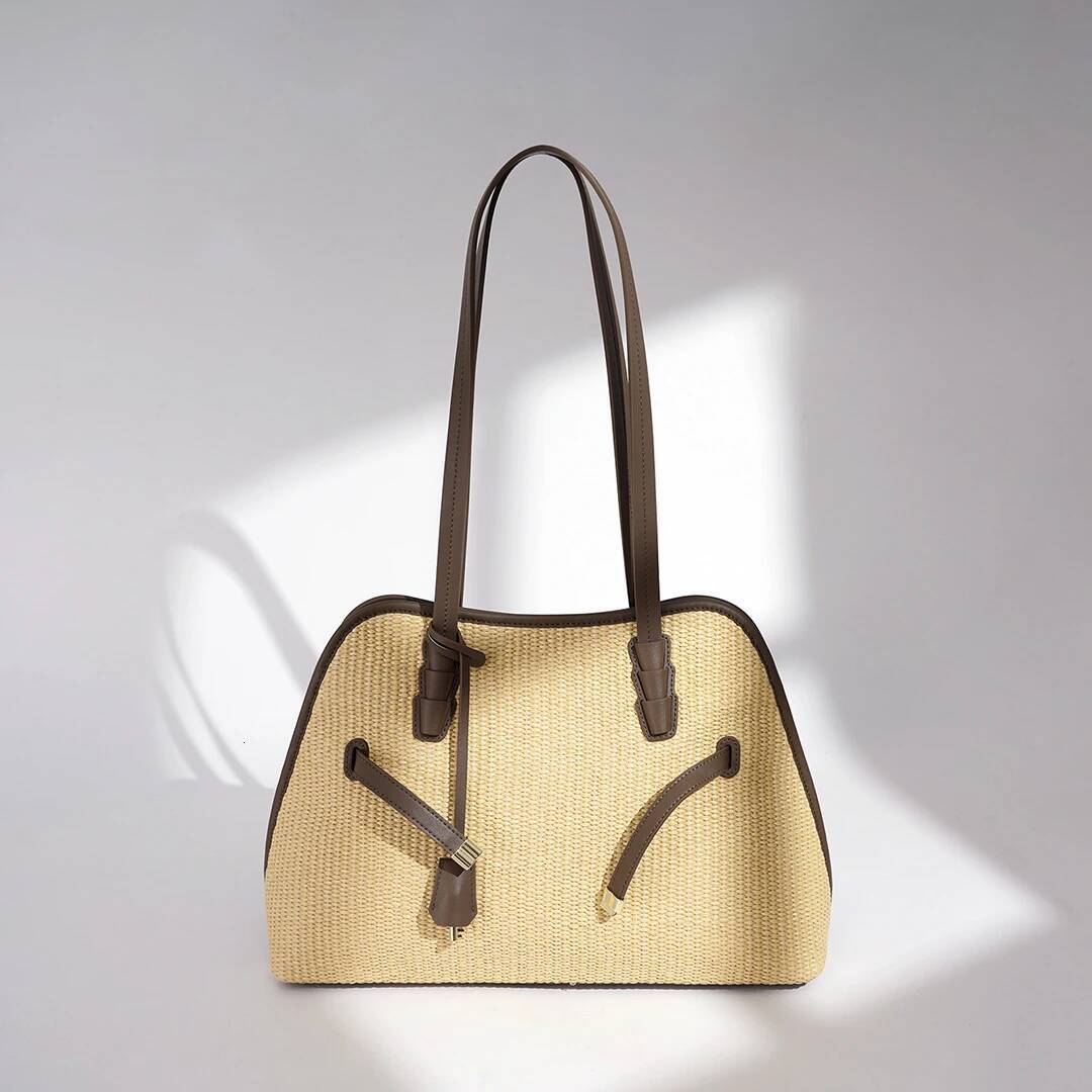 Women Straw Bag Woven Boston Shell Tote Raffia Handbag Genuine Leather Handle Cowhide Trim Summer Beach Vacation Style Large