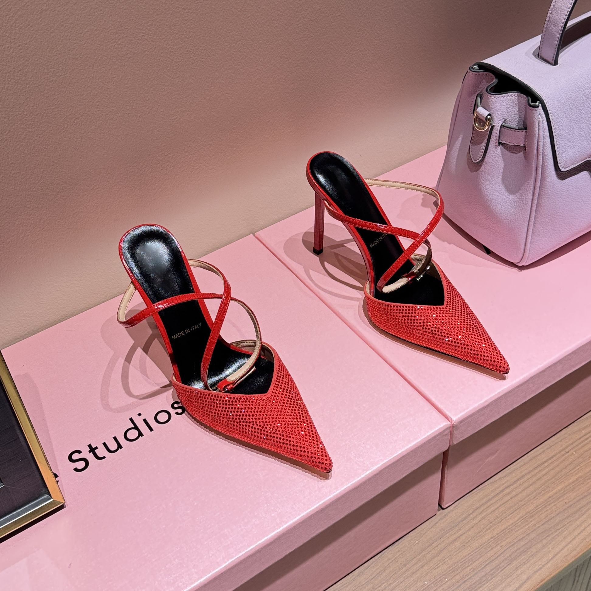 2026 Summer New Style Red Beaded Pointed-Toe Thin-Heeled Sandals for Women with Crossed Straps and High Heels in the Rear, Elegant Lady's Forma