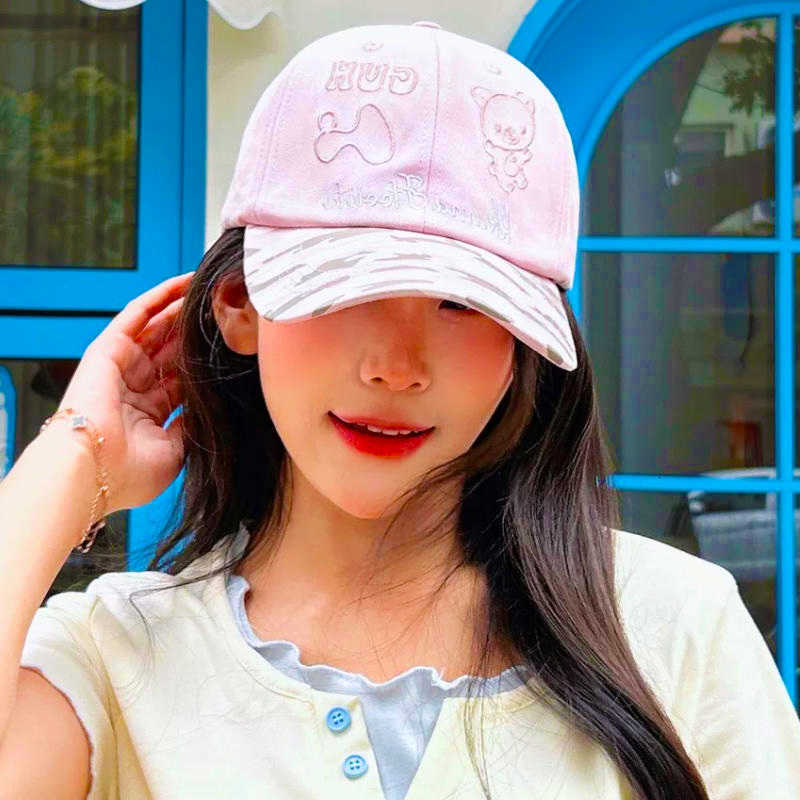 Baseball Womens Embroidered Korean Style Cute Polka Dot Bear Design Camouflage Visor Fashionable Letter Detail M260626