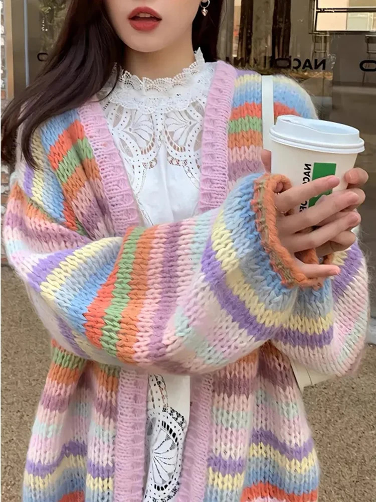 Rainbow Striped Sweet Cardigan Sweaters Women Korean Lazy Wind Loose Knitted Coat Tops Vintage Long Sleeve Preppy Style Clothes 260624