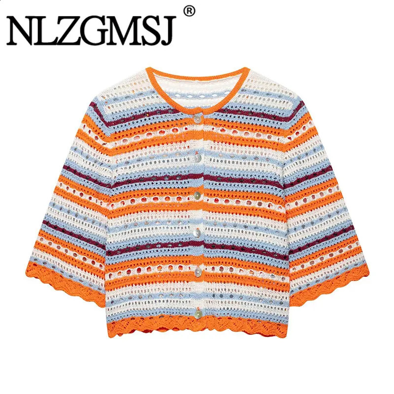 Nlzgmsj 2026 Summer Women Striped Crochet Knit Cardigan Short Sleeve Button Front Hollow Out Beach Cover Up Y2K 260624