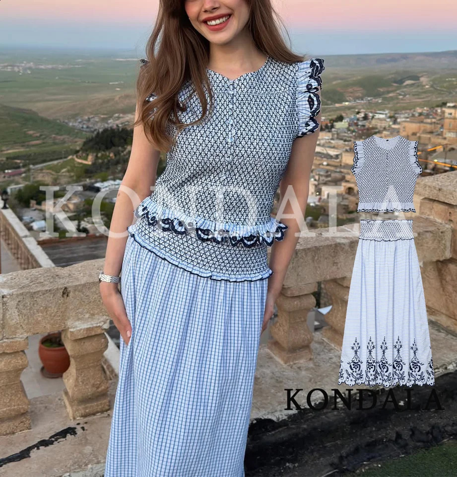Womens Chic Elegant Embroidery Blue Skirt Set KONDALA Spring Summer Trendy Holiday Casual Set Button VestPlaid Midi Skirt 260625