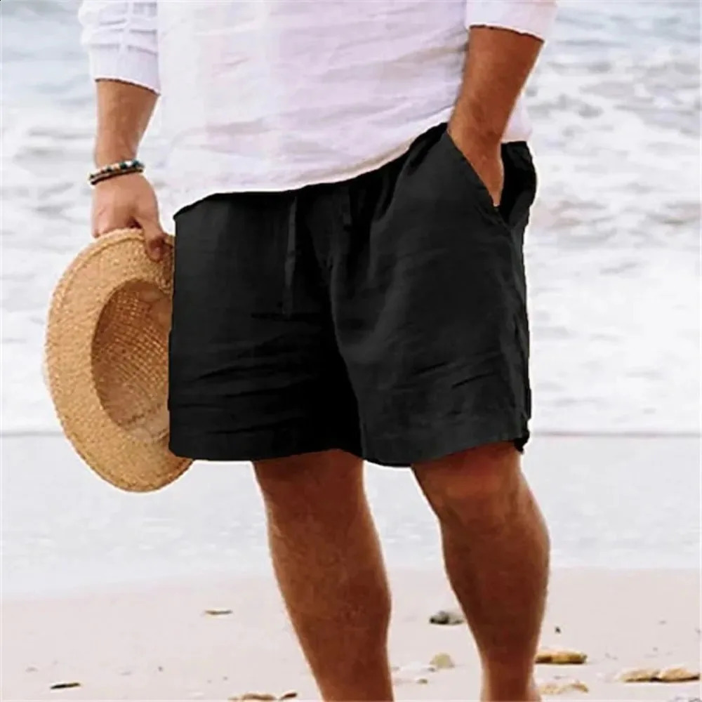 Mens Summer Shorts Drawstring Elastic Waist Breathable Lightweight Cotton Linen Casual Beach Style Hawaii Short Pants 260625BJ
